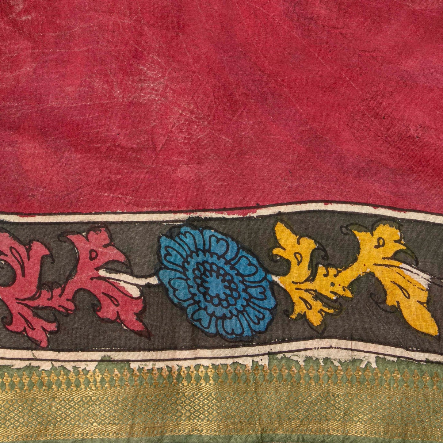 Brown And Green Handpainted Kalamkari Mangalgiri Silk Saree With Zari Border For Office Wear PKMS 70