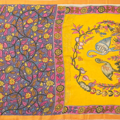 Mauve And Yellow Handpainted Kalamkari Mangalgiri Silk Saree With Zari For Festive Wear PK MS 75