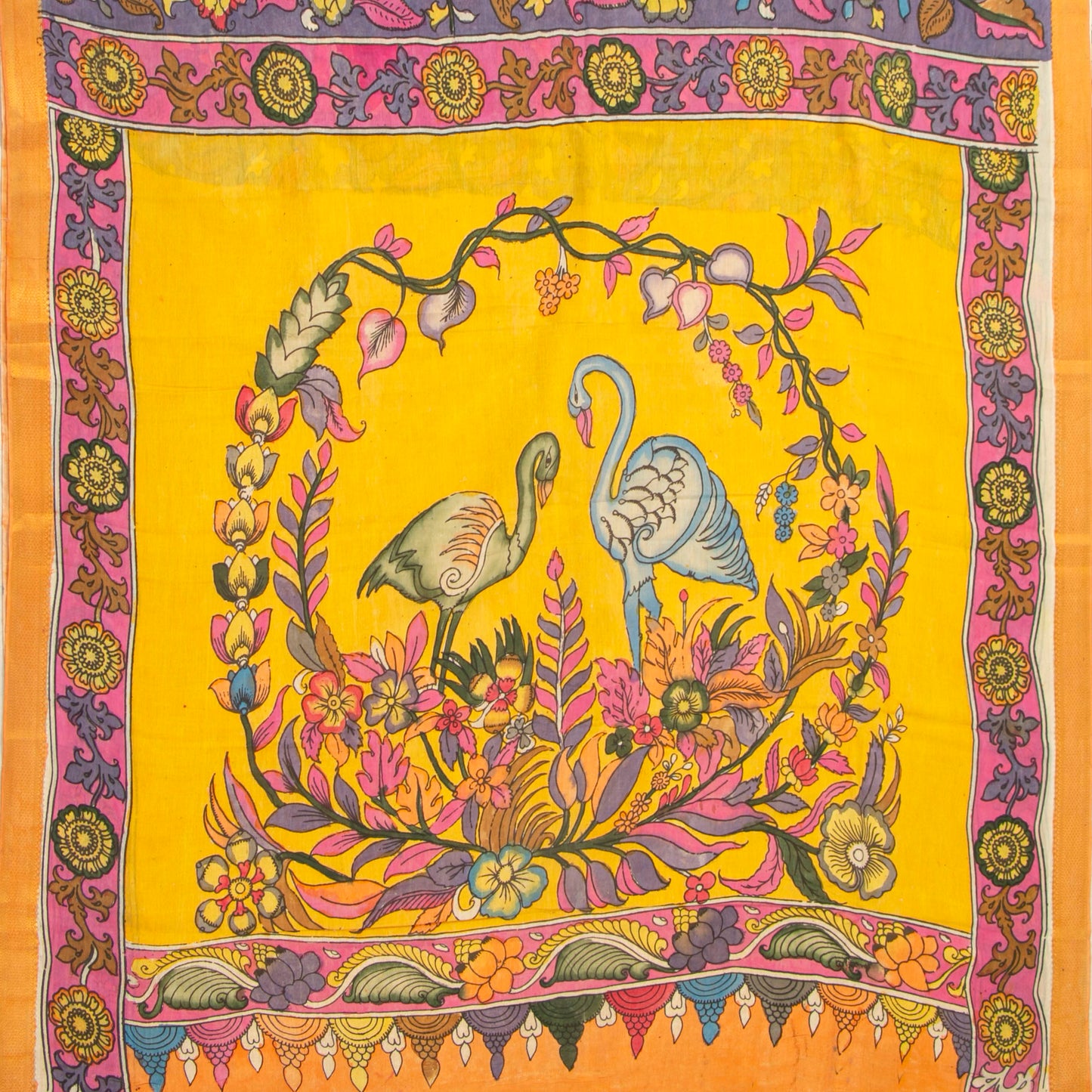Mauve And Yellow Handpainted Kalamkari Mangalgiri Silk Saree With Zari For Festive Wear PK MS 75