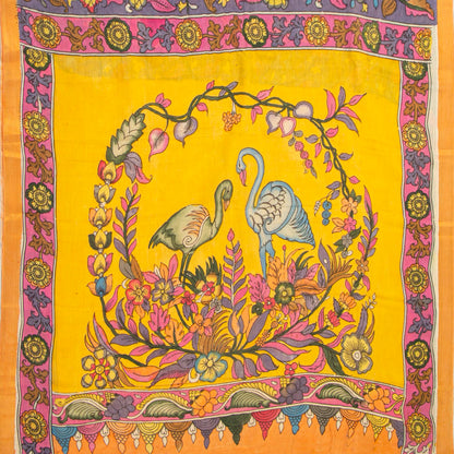 Mauve And Yellow Handpainted Kalamkari Mangalgiri Silk Saree With Zari For Festive Wear PK MS 75