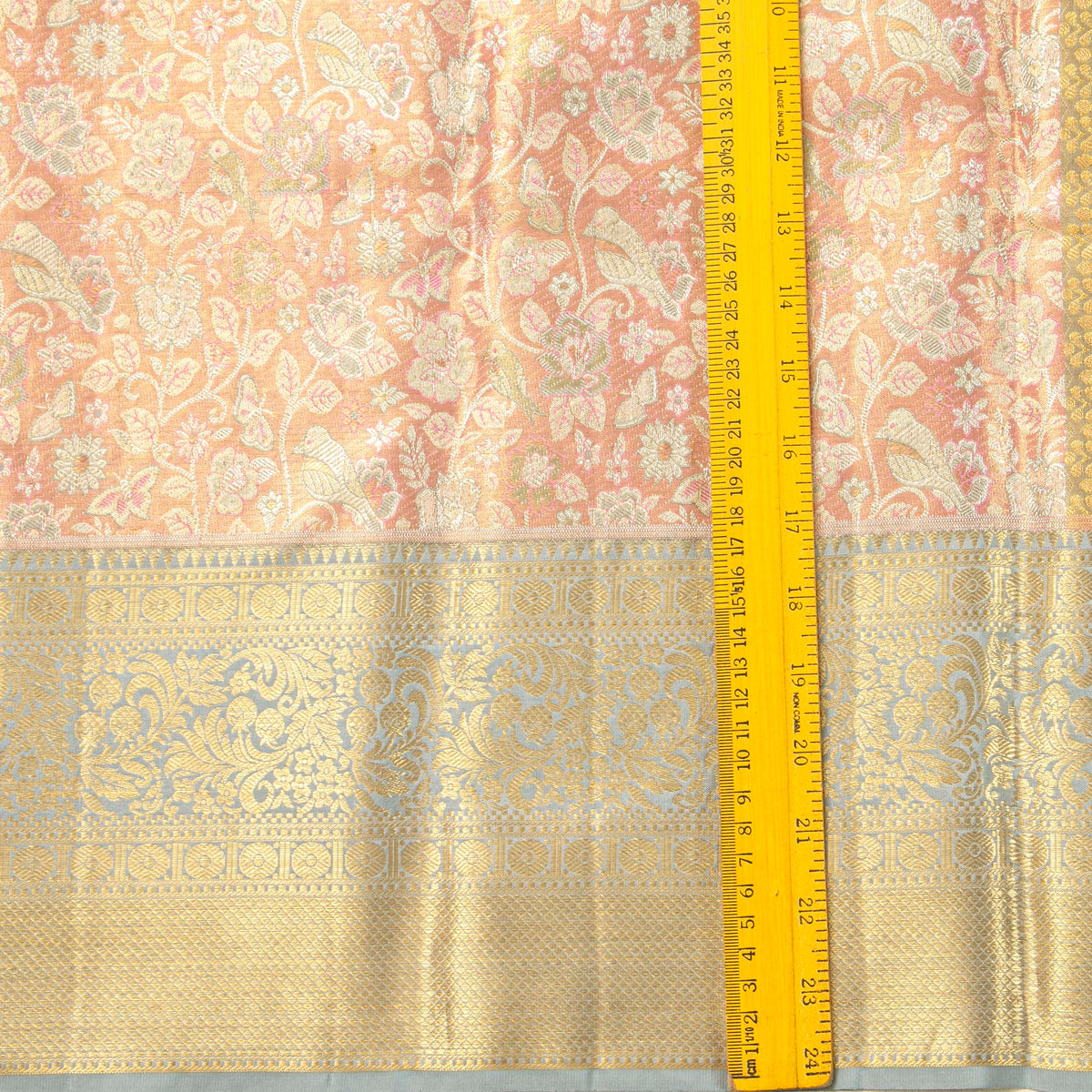 Pastel Peeach And Blue Kanchipuram Tissue Silk Saree For Bridal Wear PV NYC 1944