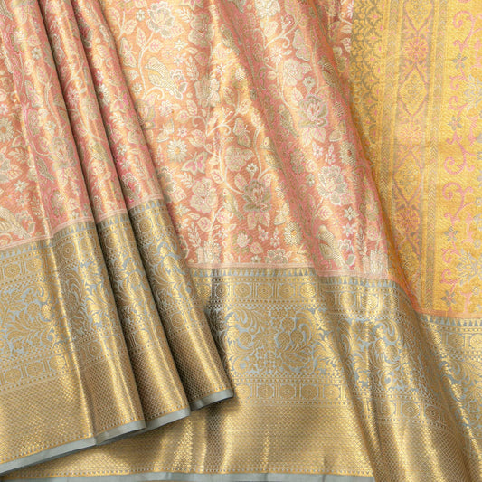 Pastel Peeach And Blue Kanchipuram Tissue Silk Saree For Bridal Wear PV NYC 1944