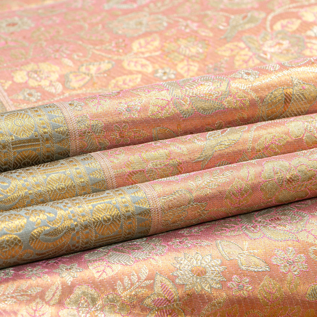 Pastel Peeach And Blue Kanchipuram Tissue Silk Saree For Bridal Wear PV NYC 1944