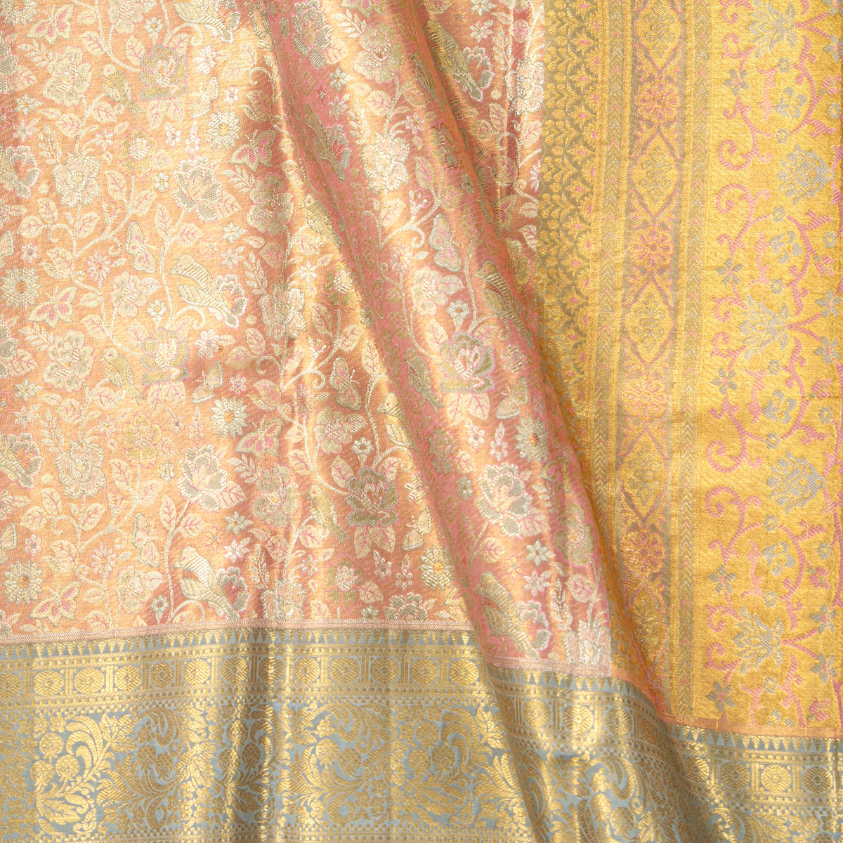 Pastel Peeach And Blue Kanchipuram Tissue Silk Saree For Bridal Wear PV NYC 1944