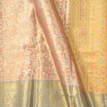 Pastel Peeach And Blue Kanchipuram Tissue Silk Saree For Bridal Wear PV NYC 1944