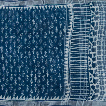 Indigo Blue Linen Saree WIth Silver Zari For Office Wear PL 2094