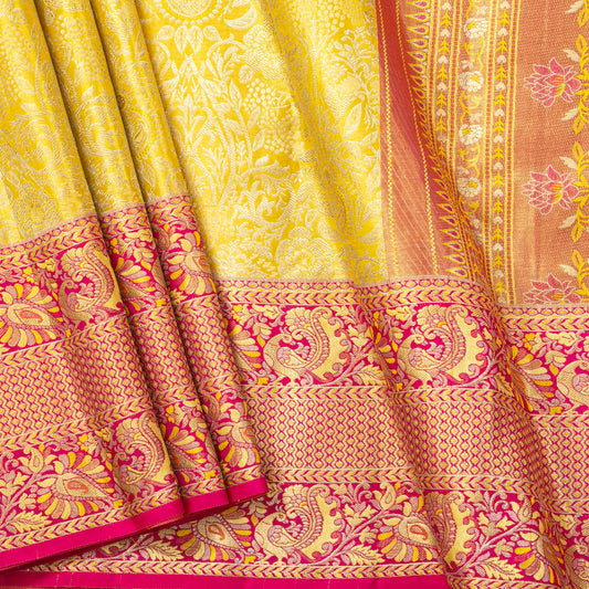 Yellow And Pink Kanchipuram Tissue Silk Saree For Bridal Wear PV NYC 1942