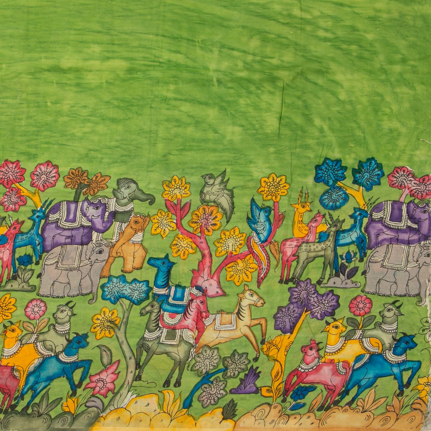 Green Handpainted Kalamkari Bangalore Silk Saree For Office Wear PK BS 585
