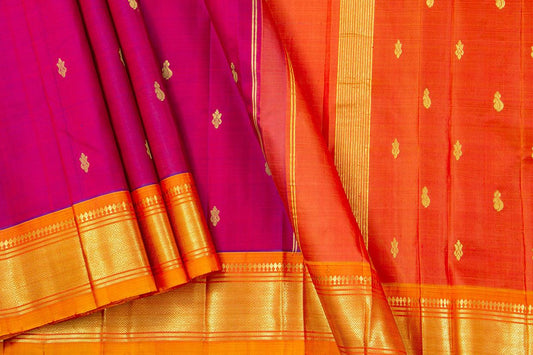 Pink And Orange Thirubhuvanam Silk Saree With Single Side Short Border Handwoven Pure Silk For Festive Wear PV ABI 28