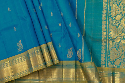 Blue Thirubhuvanam Silk Saree With Single Side Short Border Handwoven Pure Silk For Festive Wear PV ABI 30 - Silk Sari - Panjavarnam