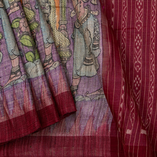 Mauve Handpainted Kalamkari Gicha Tussar Silk Saree With Wedding Theme For Office Wear PTK VSR 140