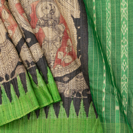 Black Handpainted Kalamkari Gicha Tussar Silk Saree For Festive Wear PTK VSR 141