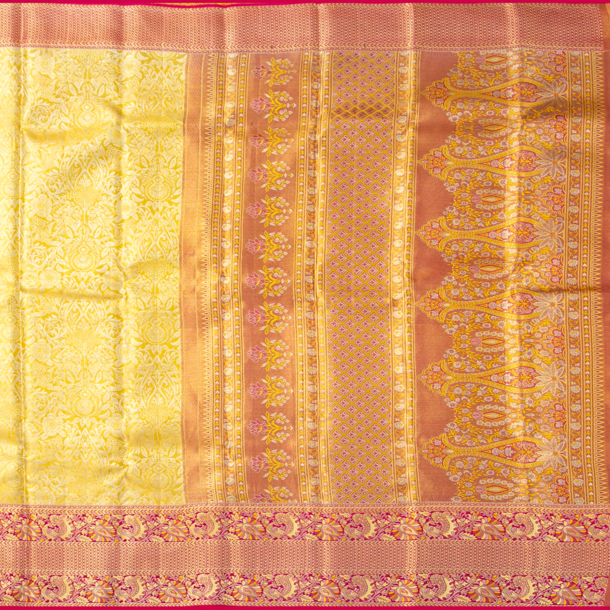 Yellow And Pink Kanchipuram Tissue Silk Saree For Bridal Wear PV NYC 1942
