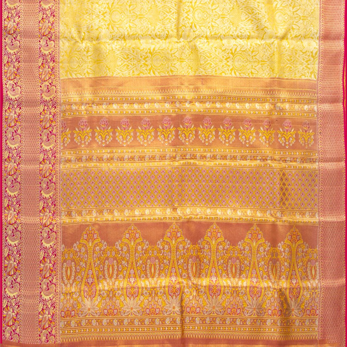 Yellow And Pink Kanchipuram Tissue Silk Saree For Bridal Wear PV NYC 1942