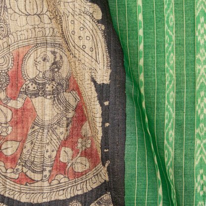 Black Handpainted Kalamkari Gicha Tussar Silk Saree For Festive Wear PTK VSR 141