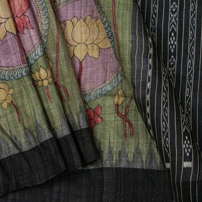 Green Handpainted Kalamkari Gicha Tussar Silk Saree With Ikkat Pallu For Office Wear PTK VSR 136