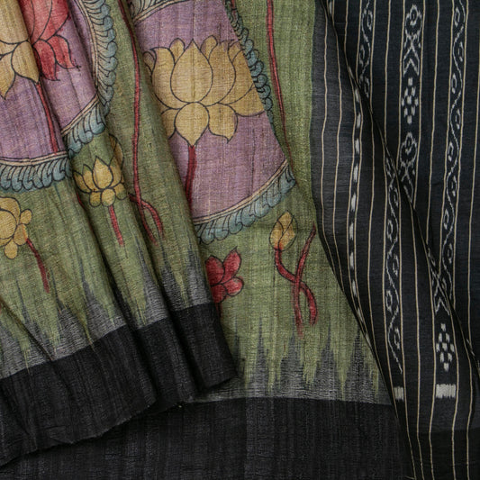 Green Handpainted Kalamkari Gicha Tussar Silk Saree With Ikkat Pallu For Office Wear PTK VSR 136