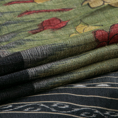 Green Handpainted Kalamkari Gicha Tussar Silk Saree With Ikkat Pallu For Office Wear PTK VSR 136