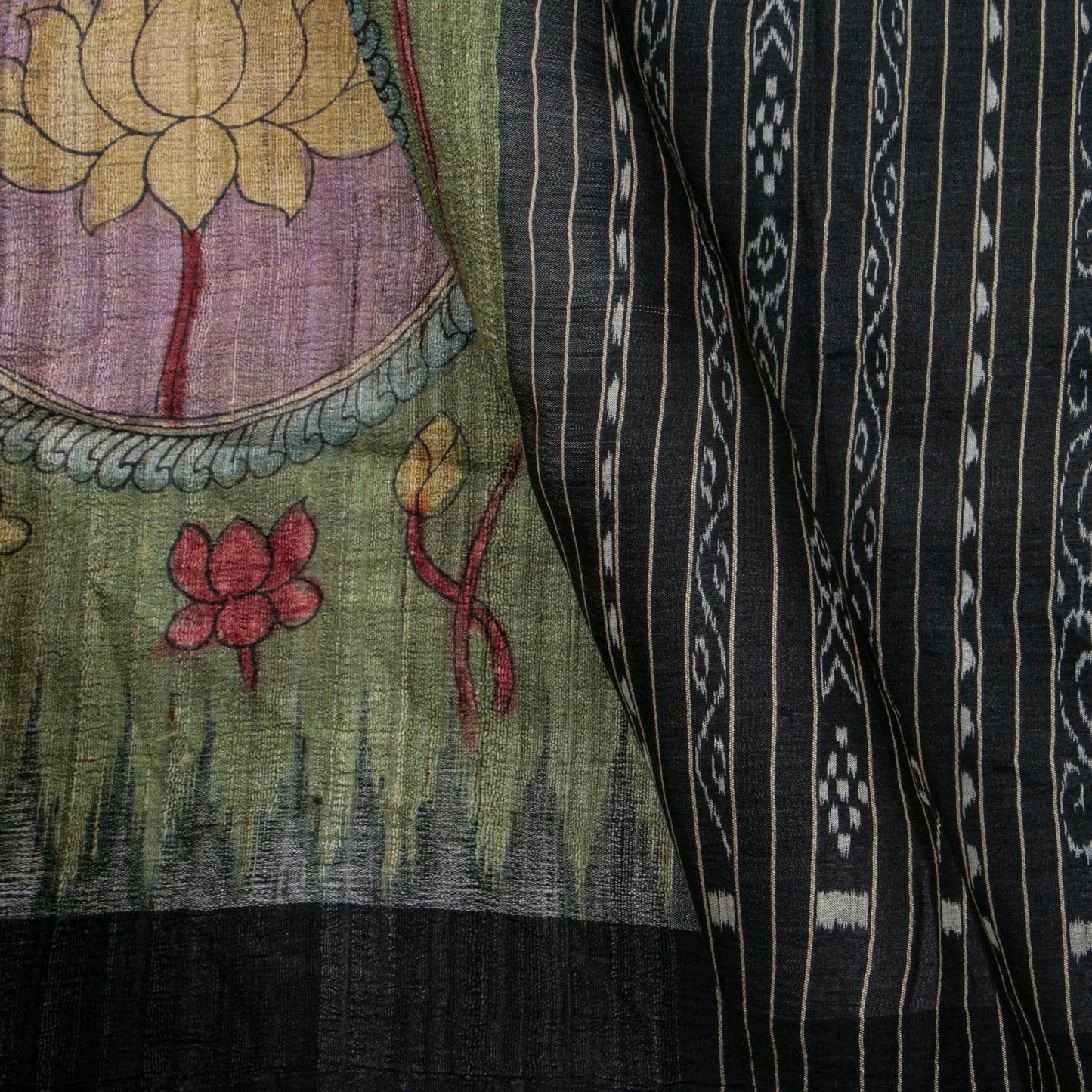 Green Handpainted Kalamkari Gicha Tussar Silk Saree With Ikkat Pallu For Office Wear PTK VSR 136