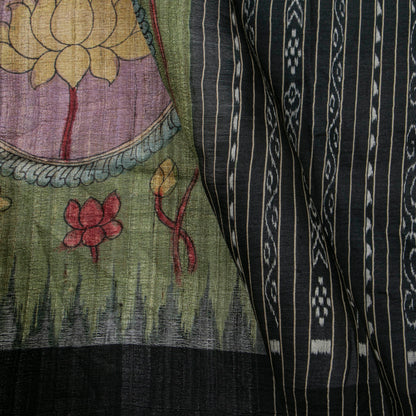 Green Handpainted Kalamkari Gicha Tussar Silk Saree With Ikkat Pallu For Office Wear PTK VSR 136