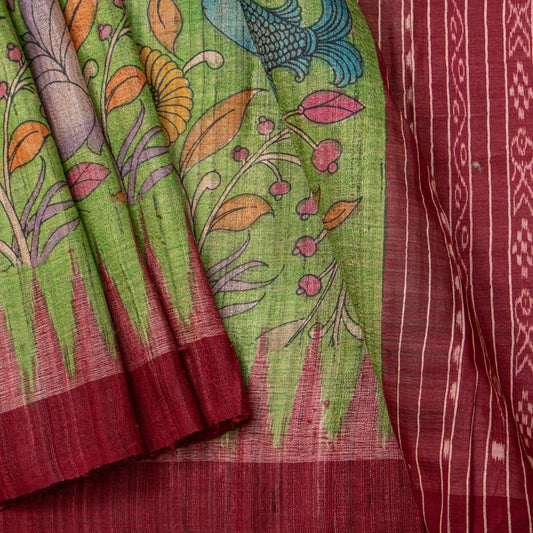 Green Handpainted Kalamkari Gicha Tussar Silk Saree For Party Wear PTK VSR 142