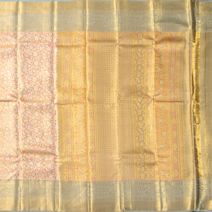 Pastel Peeach And Blue Kanchipuram Tissue Silk Saree For Bridal Wear PV NYC 1944