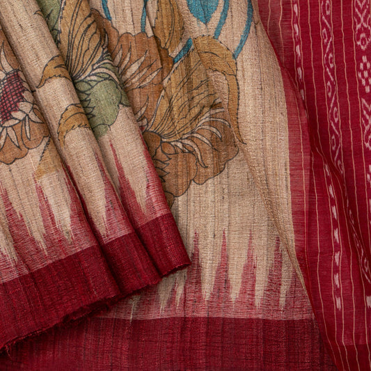 Pink Handpainted Kalamkari Gicha Tussar Silk Saree With Ikkat Pallu For Office Wear PTK VSR 137