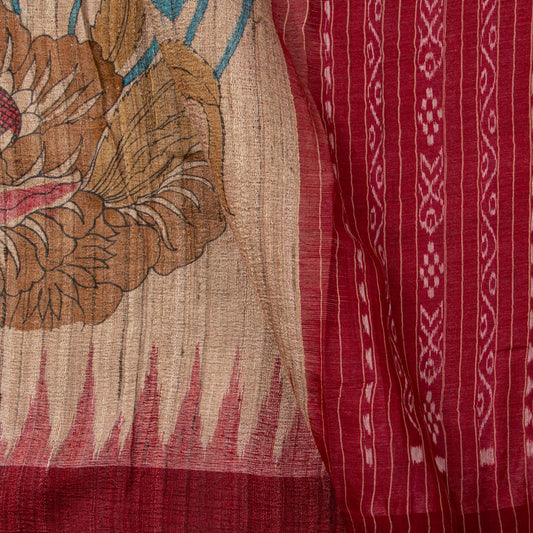 Pink Handpainted Kalamkari Gicha Tussar Silk Saree With Ikkat Pallu For Office Wear PTK VSR 137