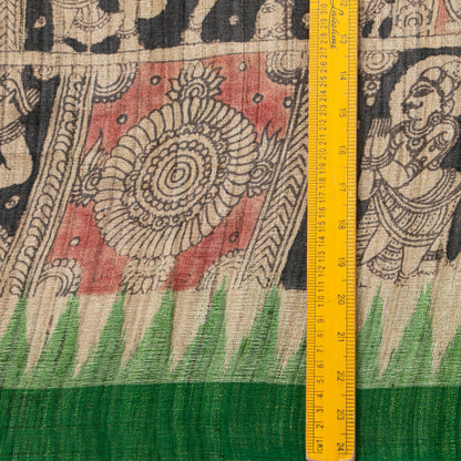 Beige, Maroon And Green Handpainted Kalamkari Gicha Tussar Silk Saree In Dasavatharam Theme For Festive Wear PTK VSR 138