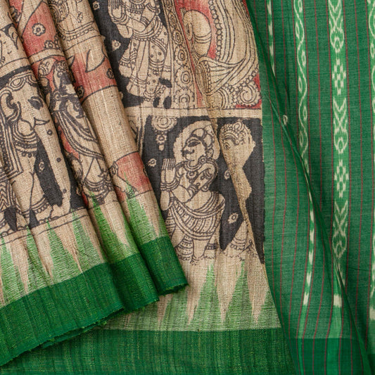 Beige, Maroon And Green Handpainted Kalamkari Gicha Tussar Silk Saree In Dasavatharam Theme For Festive Wear PTK VSR 138