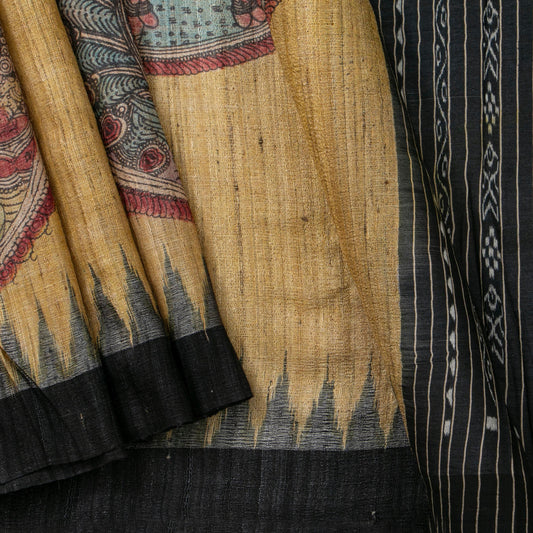 Beige Handpainted Kalamkari Gicha Tussar Silk Saree With Krishna Leela Theme For Office Wear PTK VSR 139