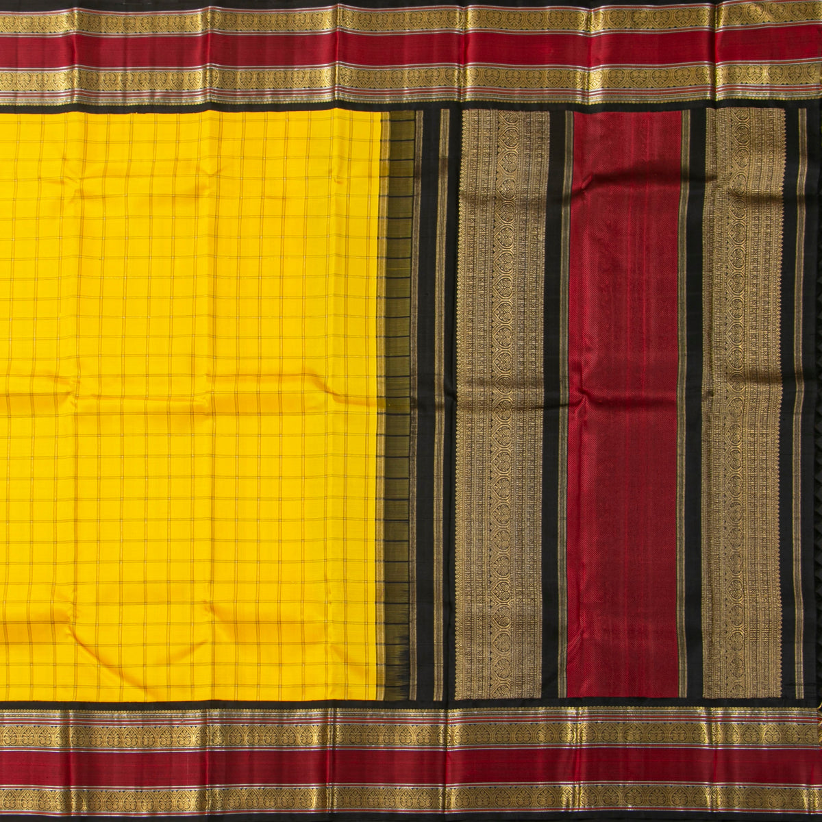 Yellow And Black Kanchipuram Silk Saree For Festive Wear PV NYC 1973