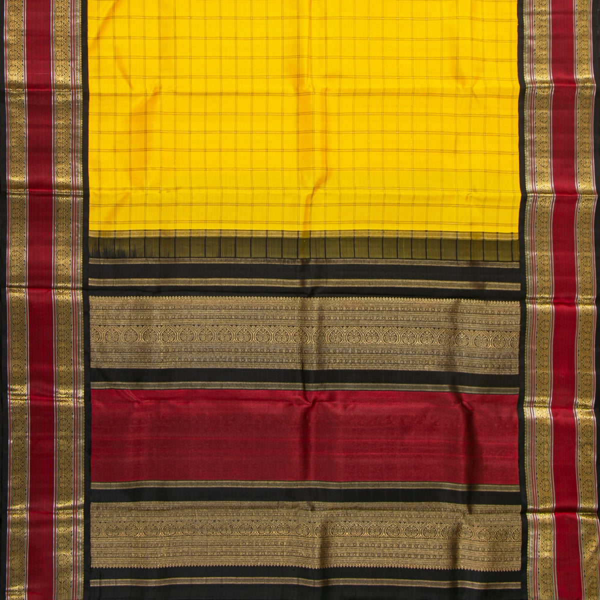 Yellow And Black Kanchipuram Silk Saree For Festive Wear PV NYC 1973