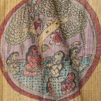Beige Handpainted Kalamkari Gicha Tussar Silk Saree With Krishna Leela Theme For Office Wear PTK VSR 139