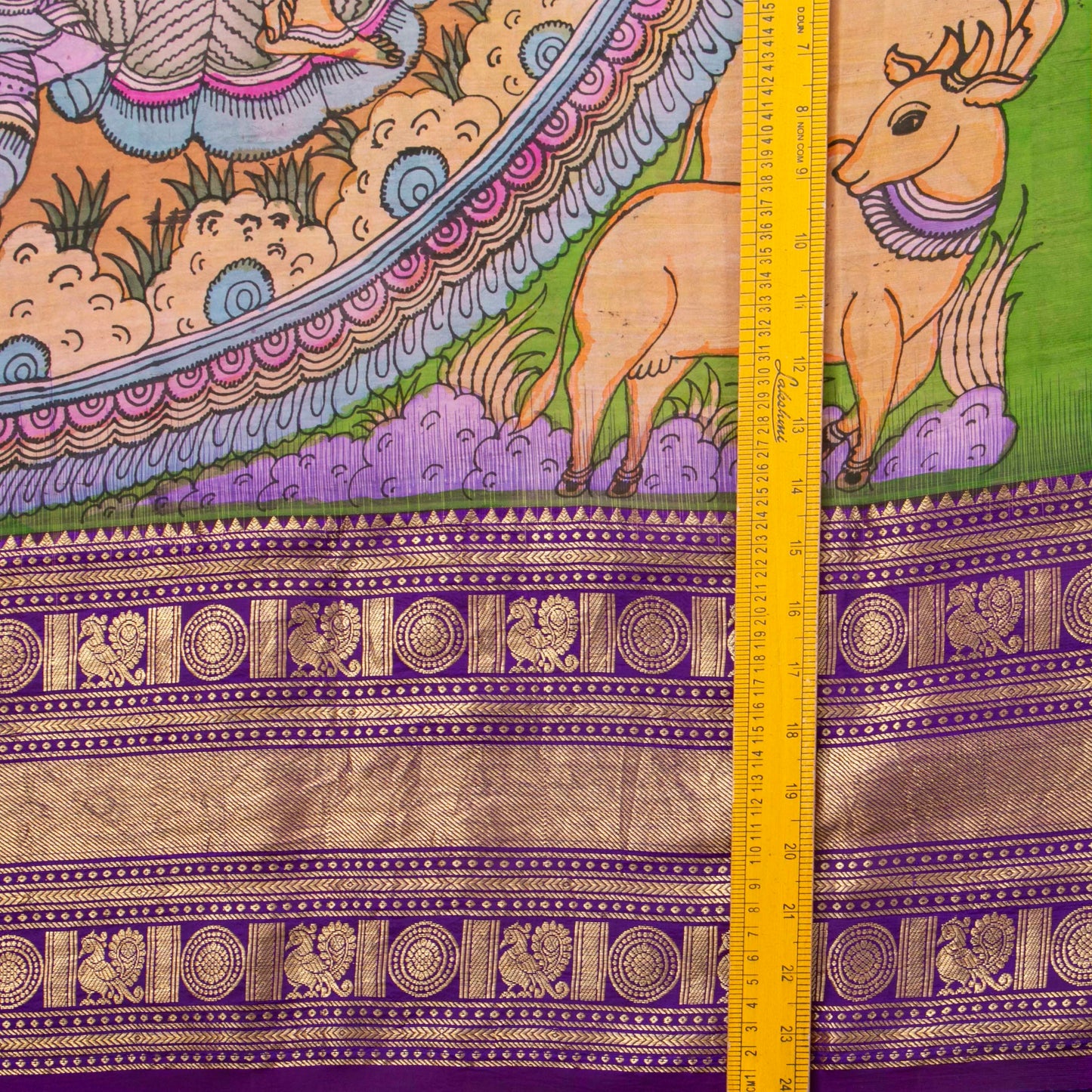 Yellow And Purple Handpainted Kalamkari Kanchipuram Silk Saree With Krishna Leela Theme For Festive Wear VSR KK 109