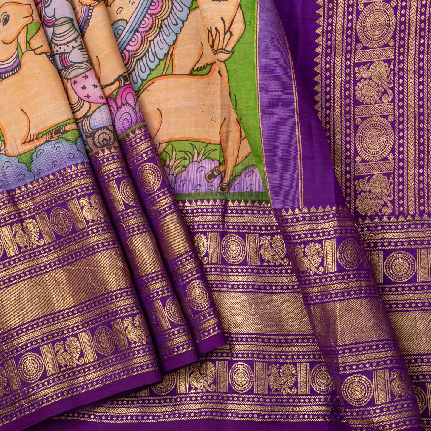 Yellow And Purple Handpainted Kalamkari Kanchipuram Silk Saree With Krishna Leela Theme For Festive Wear VSR KK 109