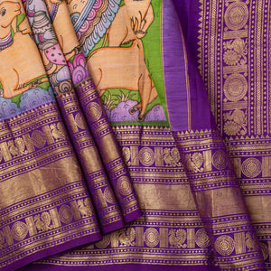 Yellow And Purple Handpainted Kalamkari Kanchipuram Silk Saree With Krishna Leela Theme For Festive Wear VSR KK 109