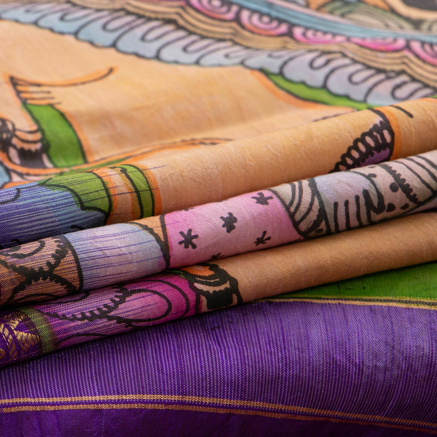 Yellow And Purple Handpainted Kalamkari Kanchipuram Silk Saree With Krishna Leela Theme For Festive Wear VSR KK 109