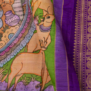 Yellow And Purple Handpainted Kalamkari Kanchipuram Silk Saree With Krishna Leela Theme For Festive Wear VSR KK 109