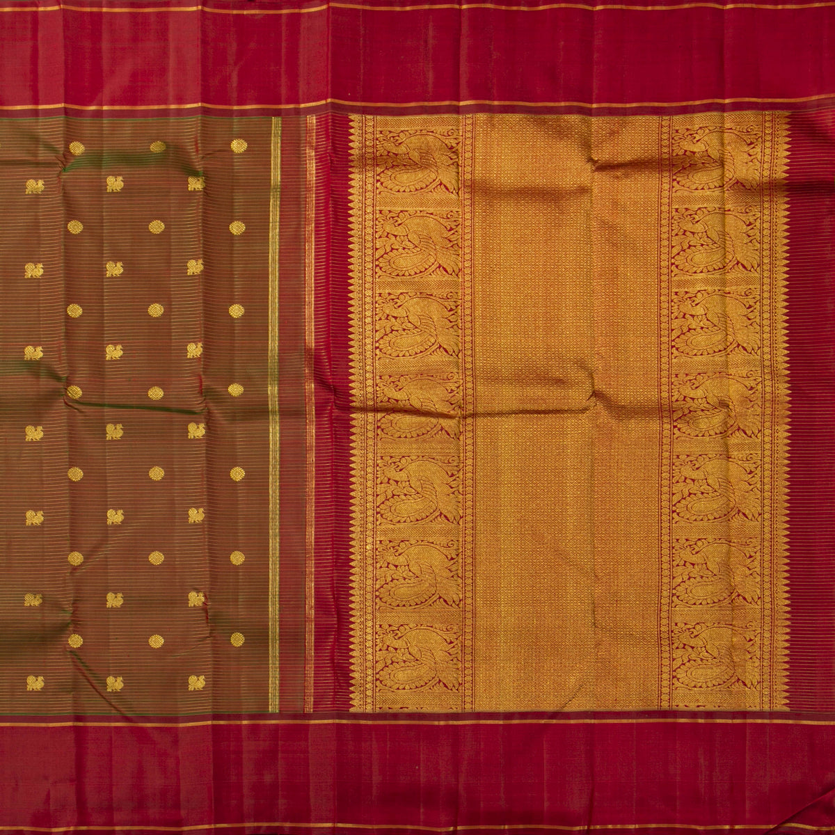Manthulir Green And Red Kanchipuram Silk Saree For Festive Wear PV 2067