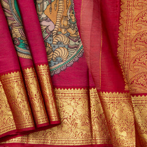 Red Handpainted Kalamkari Kanchipuram Silk Saree With Krishna Leela Theme And Ganga Jamuna Border For Festive Wear VSR KK 107