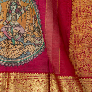 Red Handpainted Kalamkari Kanchipuram Silk Saree With Krishna Leela Theme And Ganga Jamuna Border For Festive Wear VSR KK 107