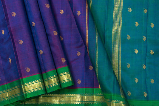 Violet And Green Thirubhuvanam Silk Saree With Single Side Short Border Handwoven Pure Silk For Festive Wear PV ABI 26