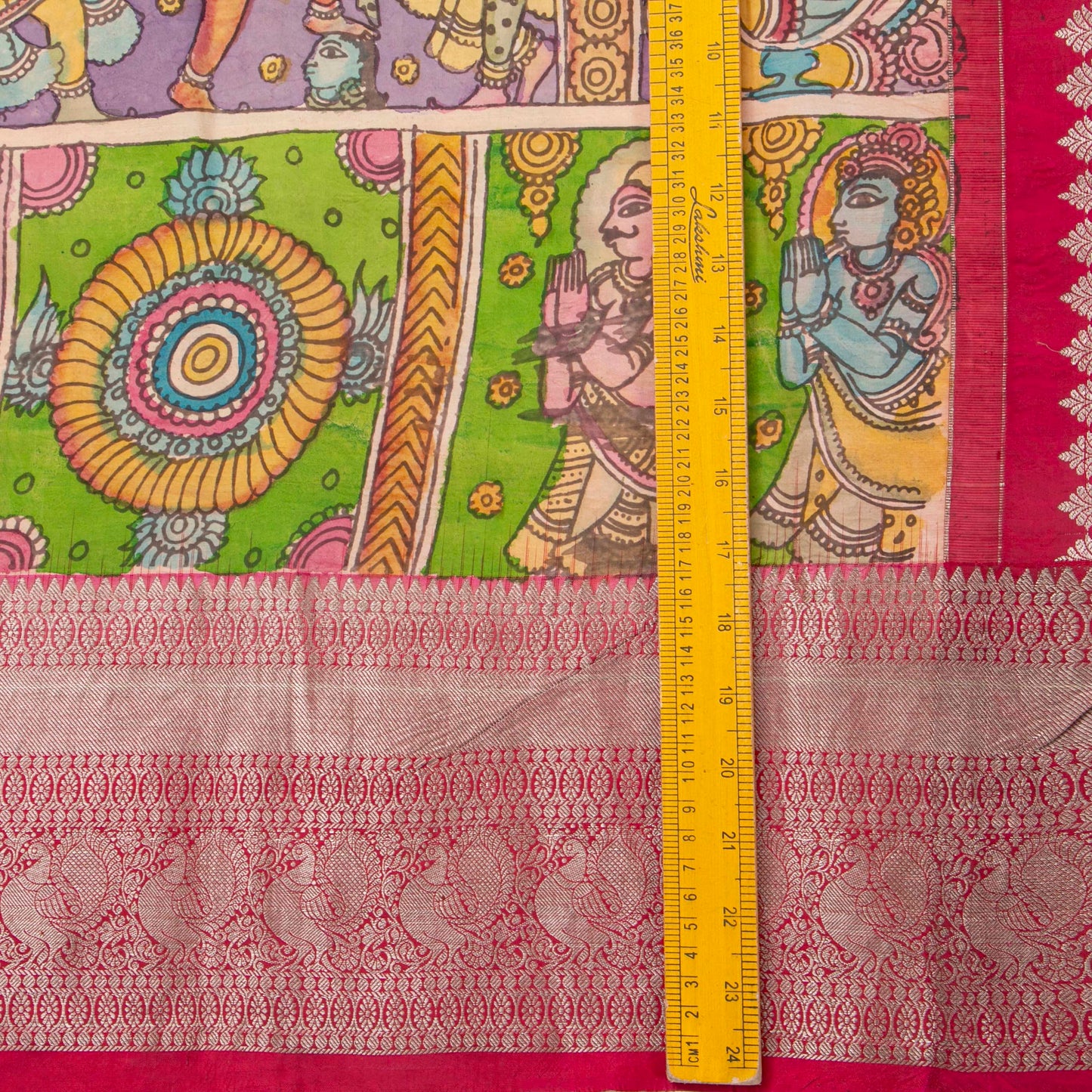 Vamana Avatar Themed Green Handpainted Kalamkari Kanchipuram Silk Saree For Festive Wear PV VSR KK 111