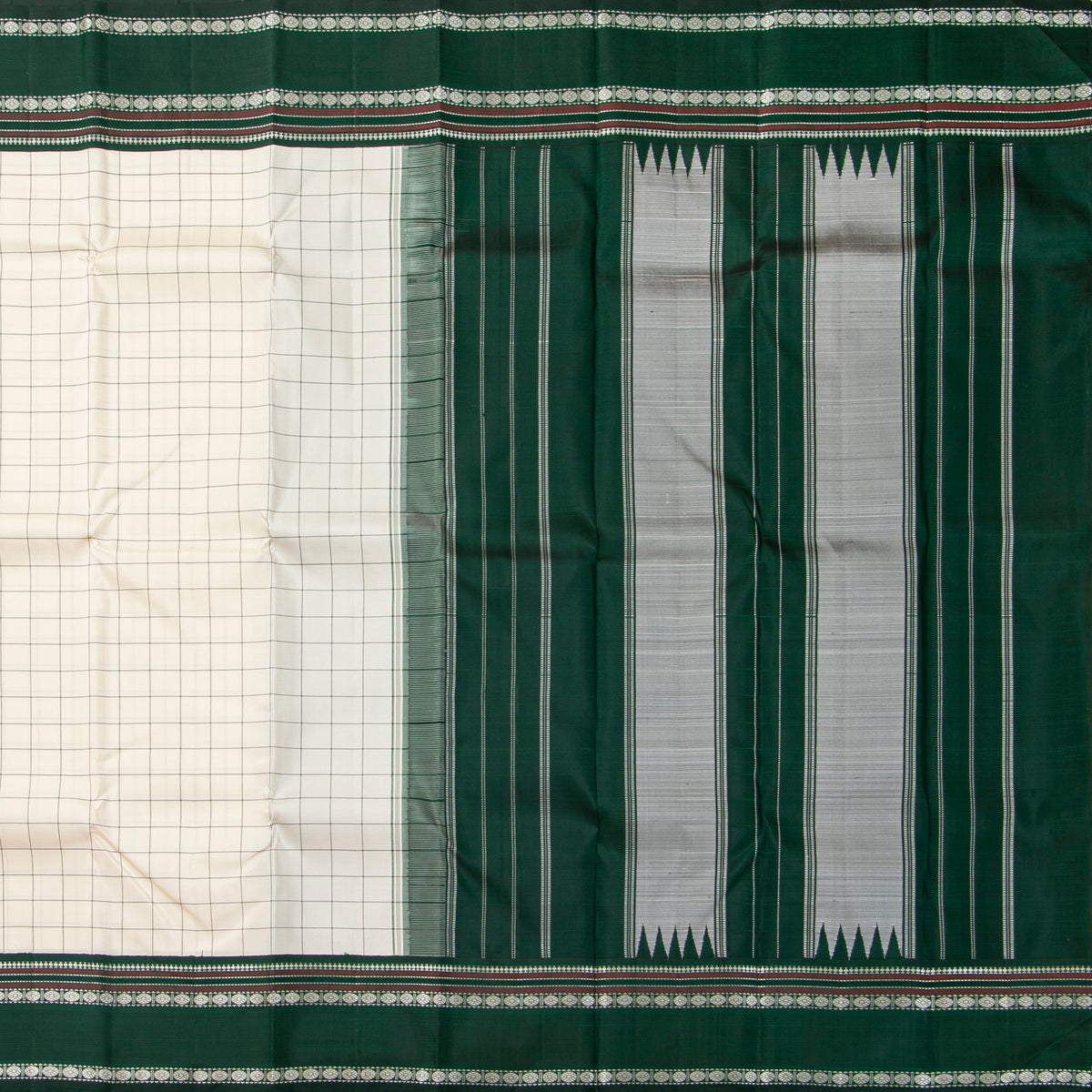 Off White And Green Kanchipuram Silk Saree No Zari For Festive Wear PV 2072