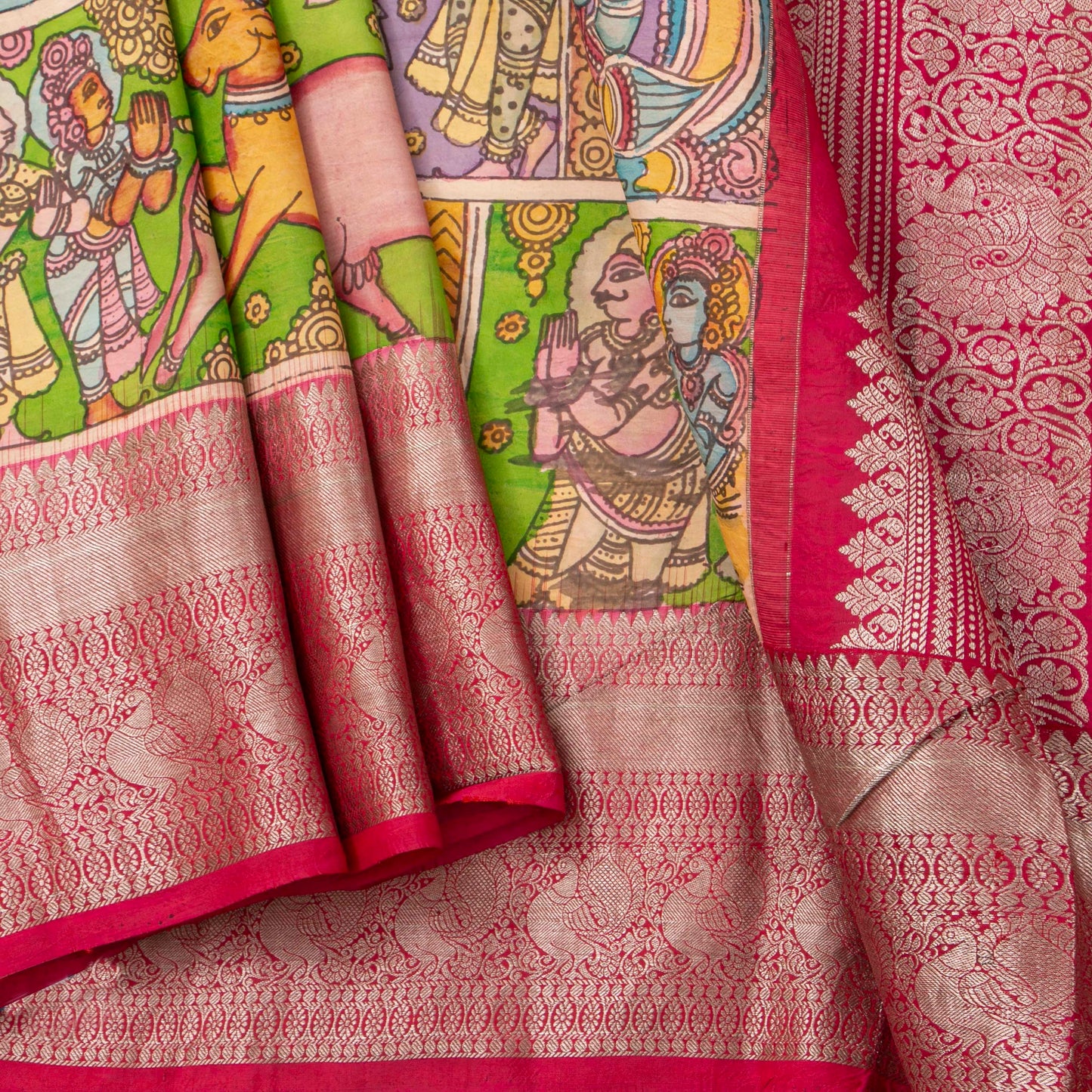 Vamana Avatar Themed Green Handpainted Kalamkari Kanchipuram Silk Saree For Festive Wear PV VSR KK 111