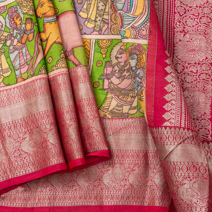 Vamana Avatar Themed Green Handpainted Kalamkari Kanchipuram Silk Saree For Festive Wear PV VSR KK 111