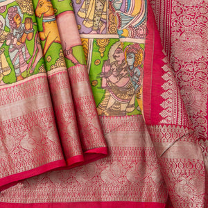 Vamana Avatar Themed Green Handpainted Kalamkari Kanchipuram Silk Saree For Festive Wear PV VSR KK 111