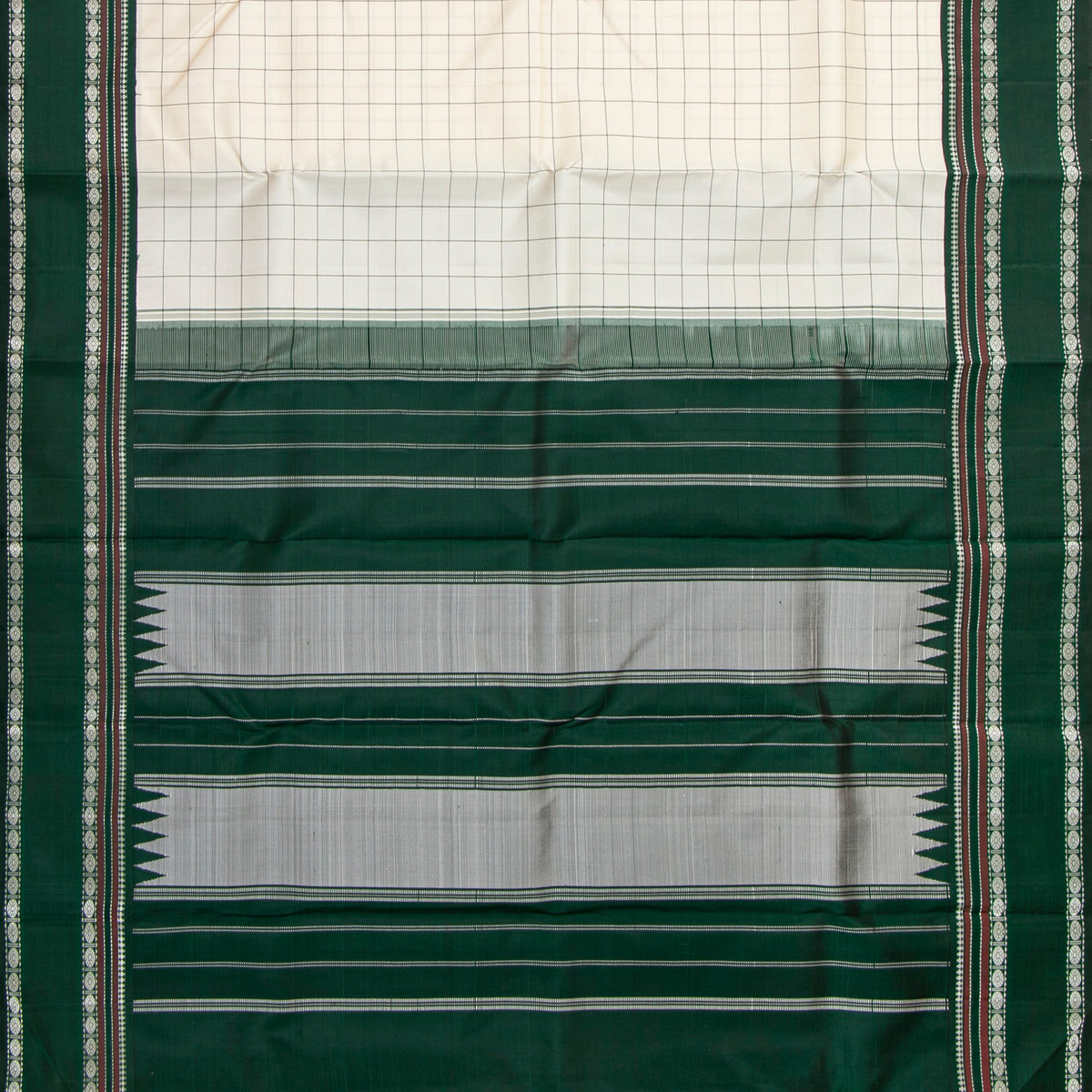 Off White And Green Kanchipuram Silk Saree No Zari For Festive Wear PV 2072