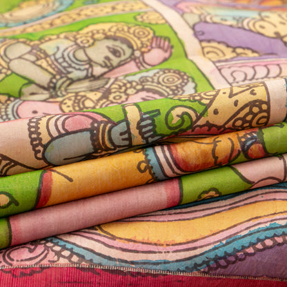 Vamana Avatar Themed Green Handpainted Kalamkari Kanchipuram Silk Saree For Festive Wear PV VSR KK 111
